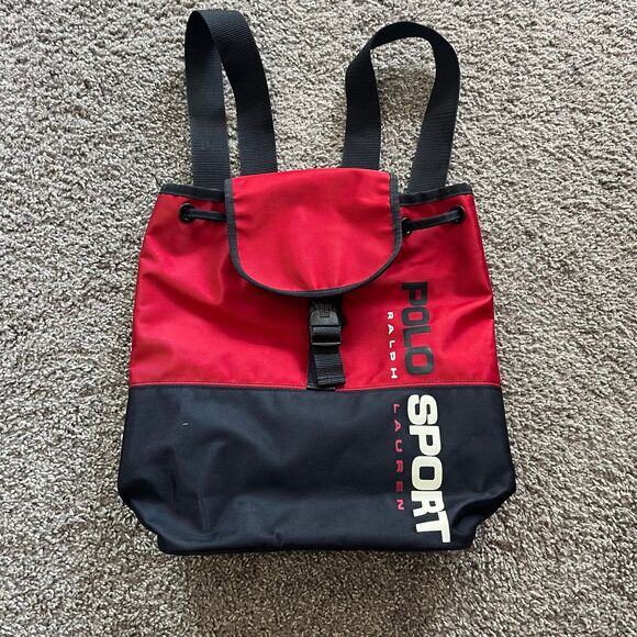VTG 90s Polo Sport Ralph Lauren Spell Out Backpack Bucket Bag Red Navy Blue Logo - Picture 1 of 9